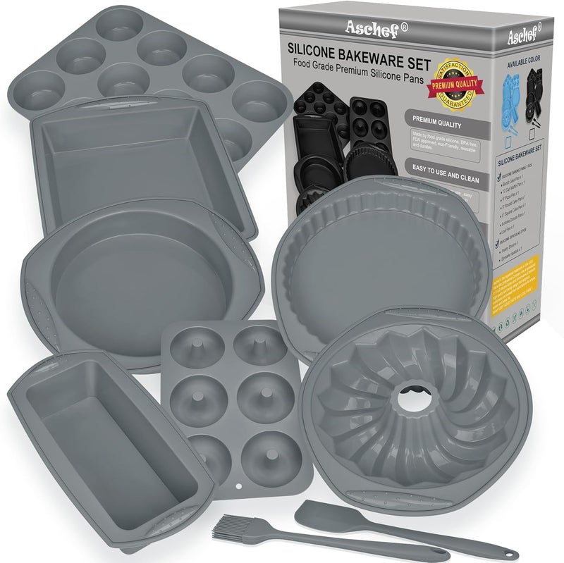 Aschef 9in1 Nonstick Silicone Baking Bundt Cake Pan Cookie Sheet Molds Tray Heat Resistant Bakeware Tools Kit for Muffin Loaf Bread Pizza CupcakeUtensil - Image 1